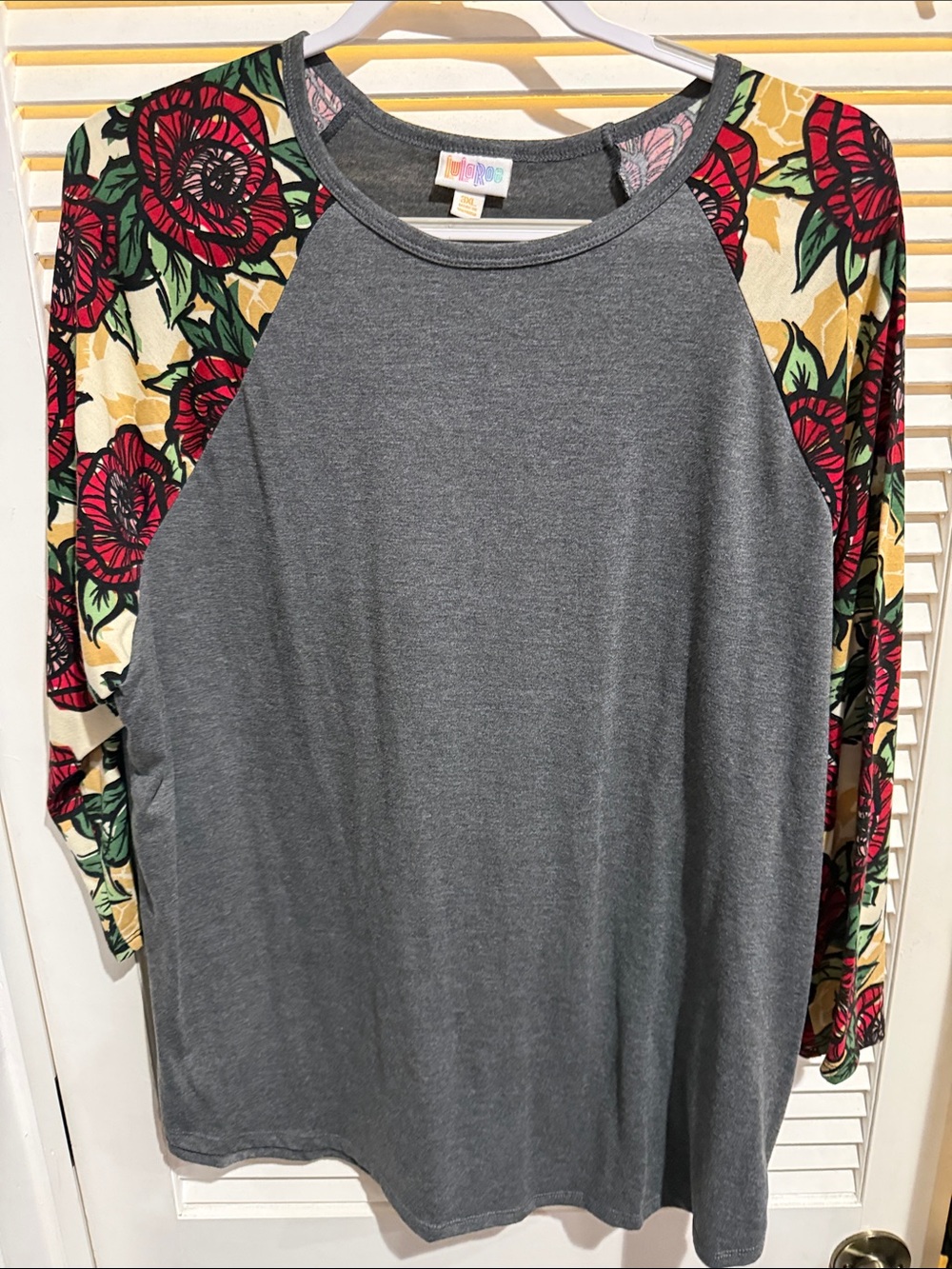 LuLaRoe Gray Raglan Top with Red Floral Sleeves